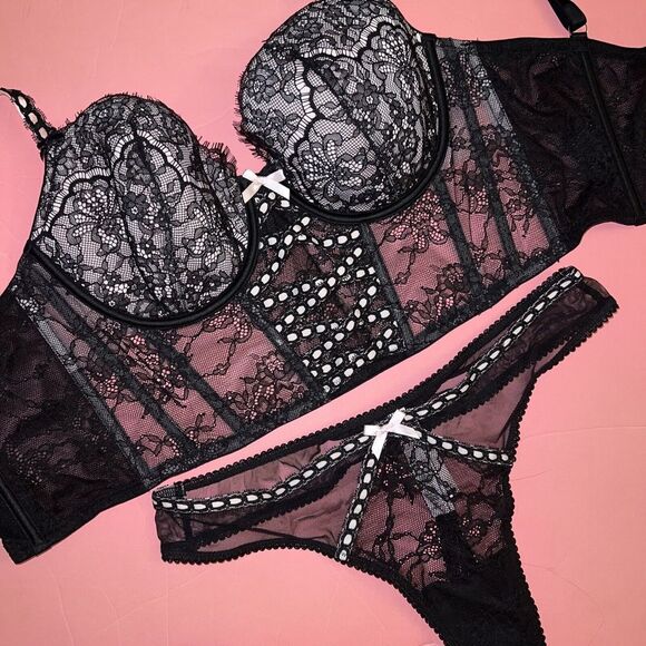 Victoria's Secret 32DD,34DD S-DD,36DD M-DD,38D XL CORSET BRA SET BLACK lace Pink - Picture 1 of 4